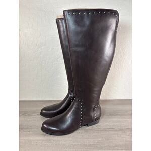 Isaac Mizrahi Live! Sz 7 WIDE Calf Studded Leather Riding Boot Brown Stretch